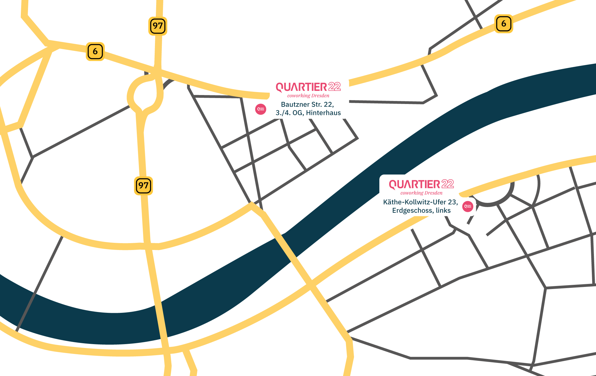 Anfahrt zum Quartier22 Coworkingspace in Dresden: Karte mit Standorten Neustadt & Käthe-Kollwitz-Ufer.